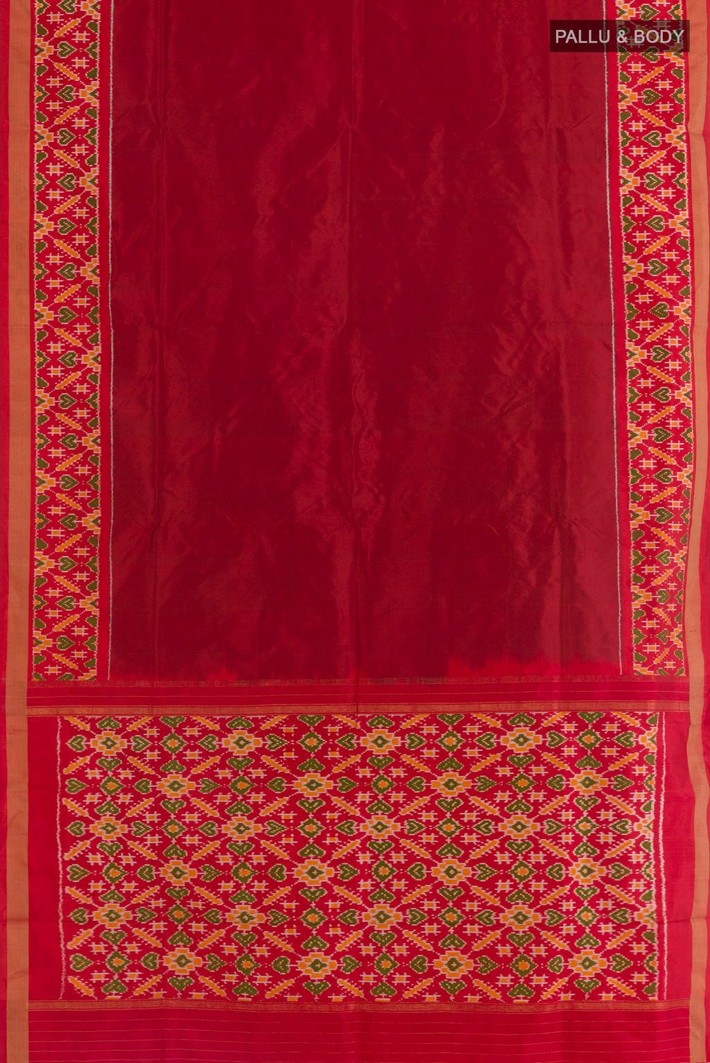 Flat view of Red Pochampally Silk Saree with Plain Body and Ikat Border. 
