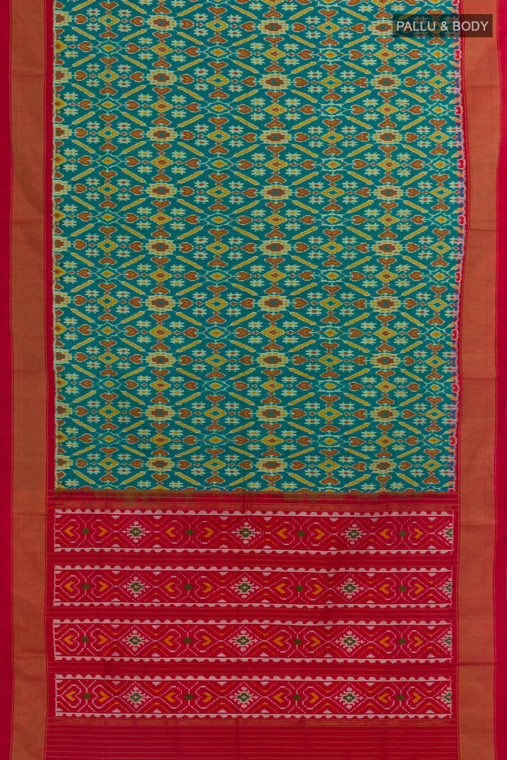 Flat view of Green Pochampally Silk Saree with Pure Ikat on the body and Zari Border. 