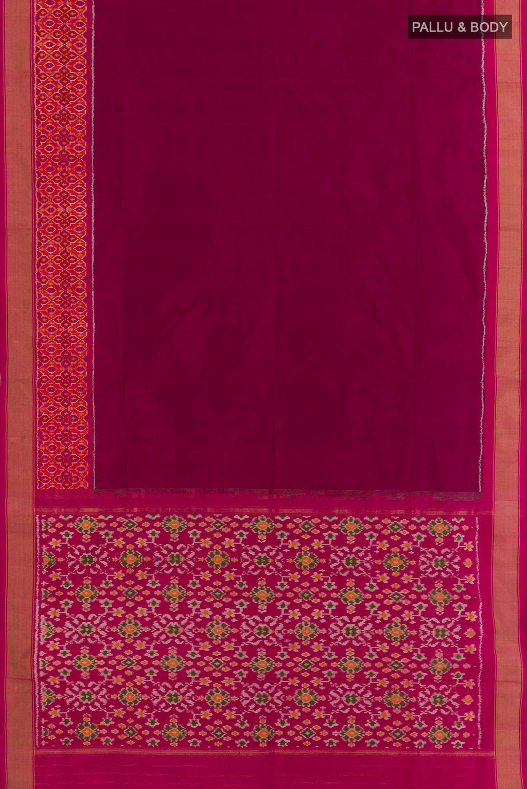 Flat view of Magenta Pochampally Silk Saree with Plain Body and Ikat Border. 