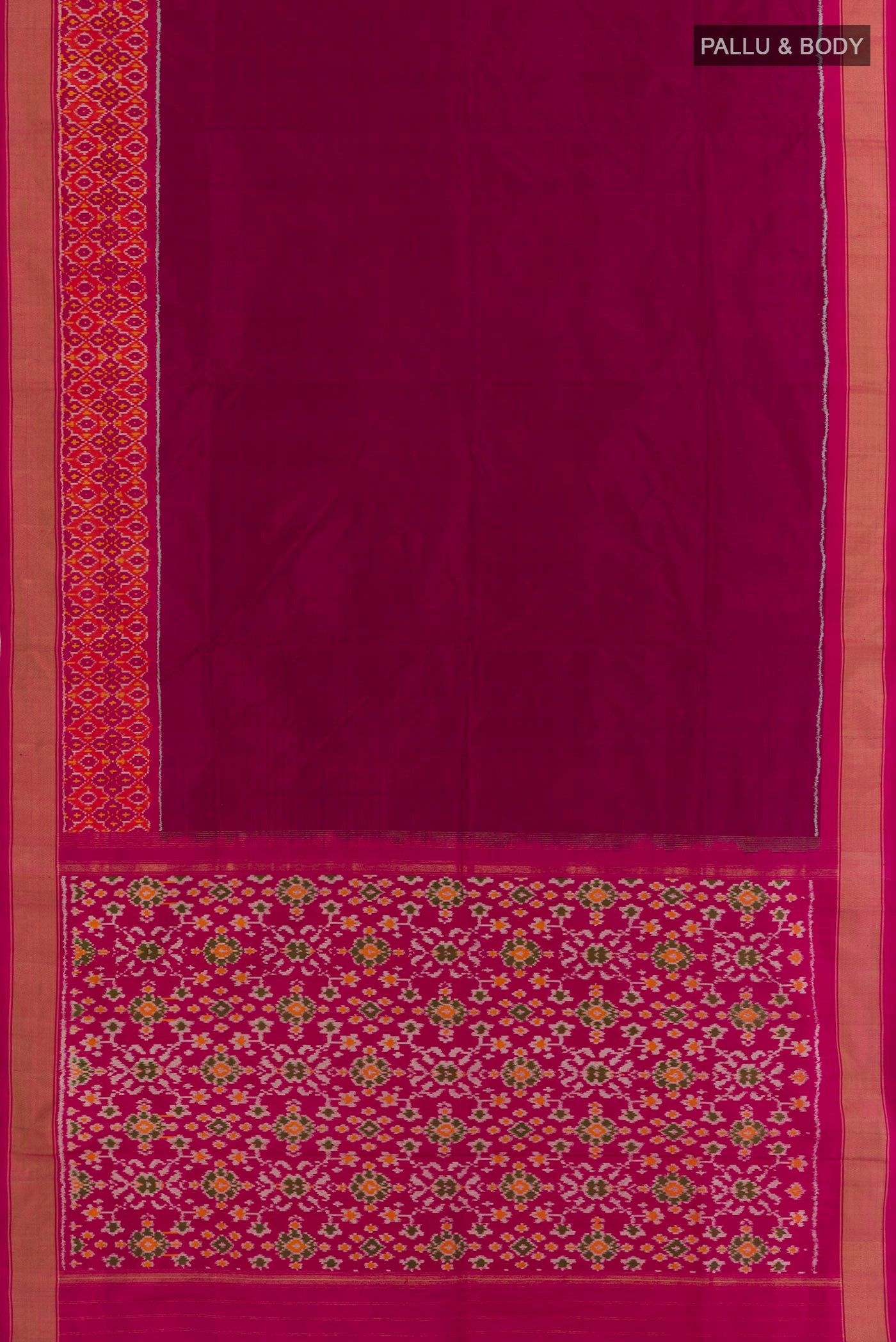 Flat view of Magenta Pochampally Silk Saree with Plain Body and Ikat Border. 