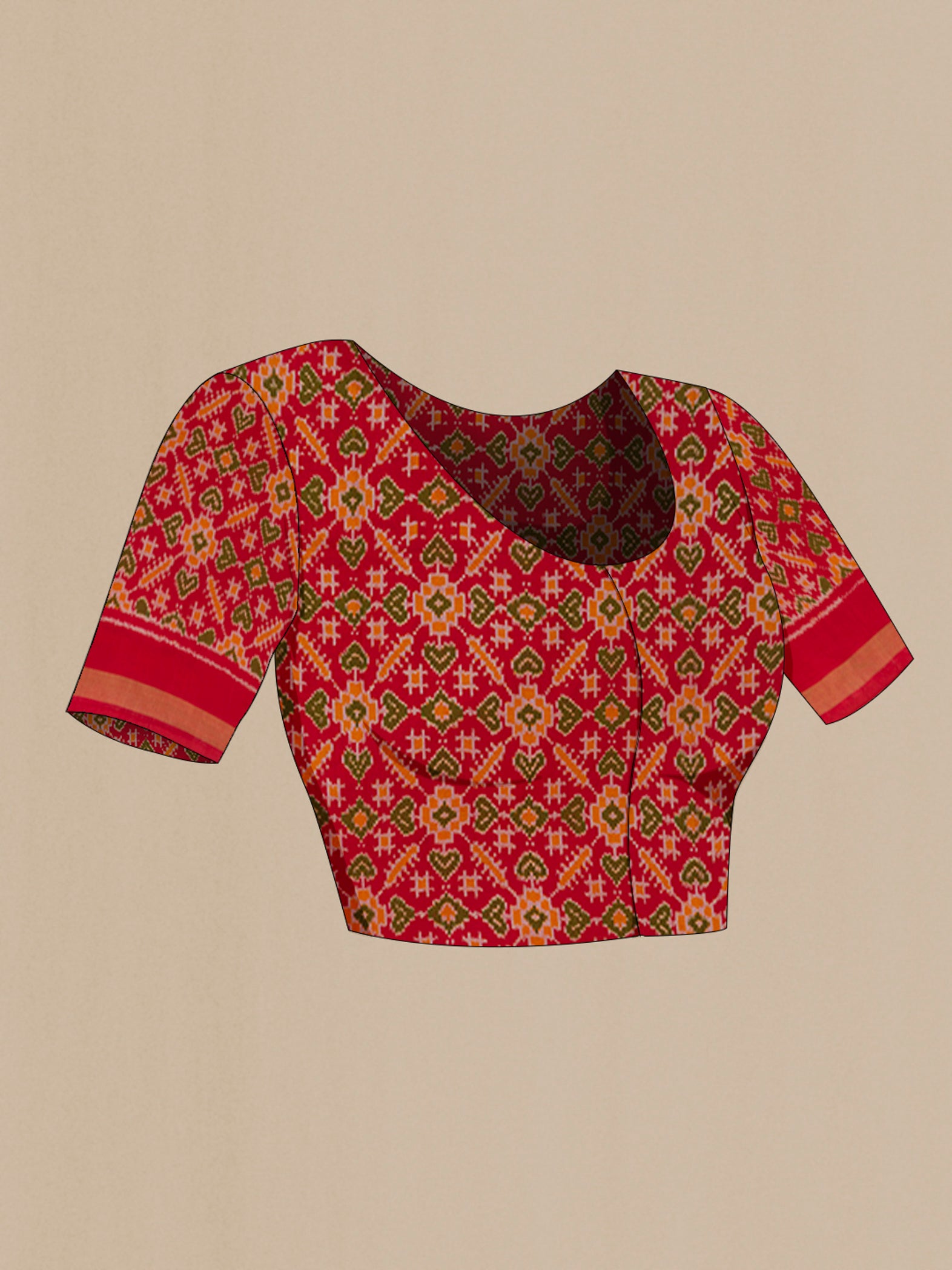 Close up image of the blouse of Blue Pochampally Silk Saree with Plain Body and Ikat Border. 