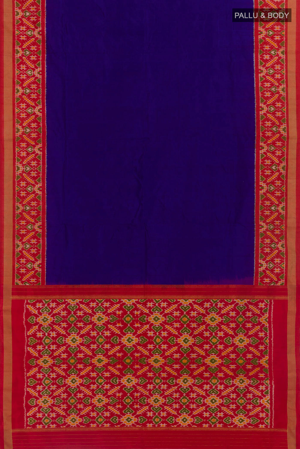 Flat view of Blue Pochampally Silk Saree with Plain Body and Ikat Border. 