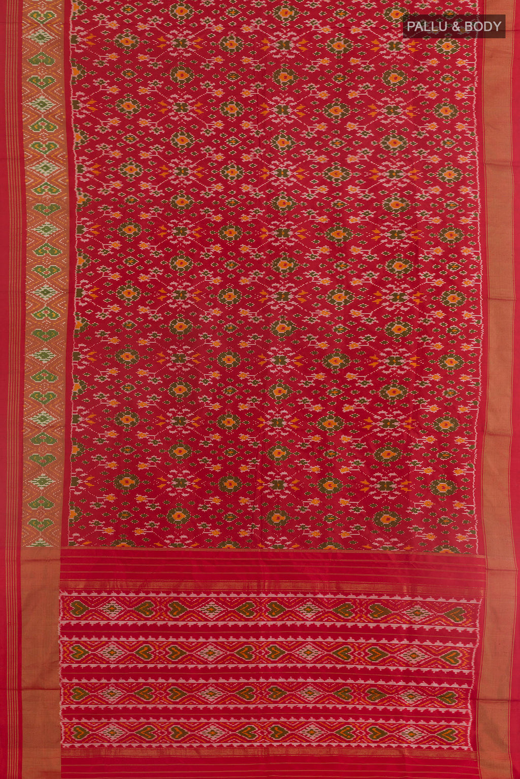 Flat view of Red Pochampally Silk Saree with Pure Ikat on the body and Zari Border. 