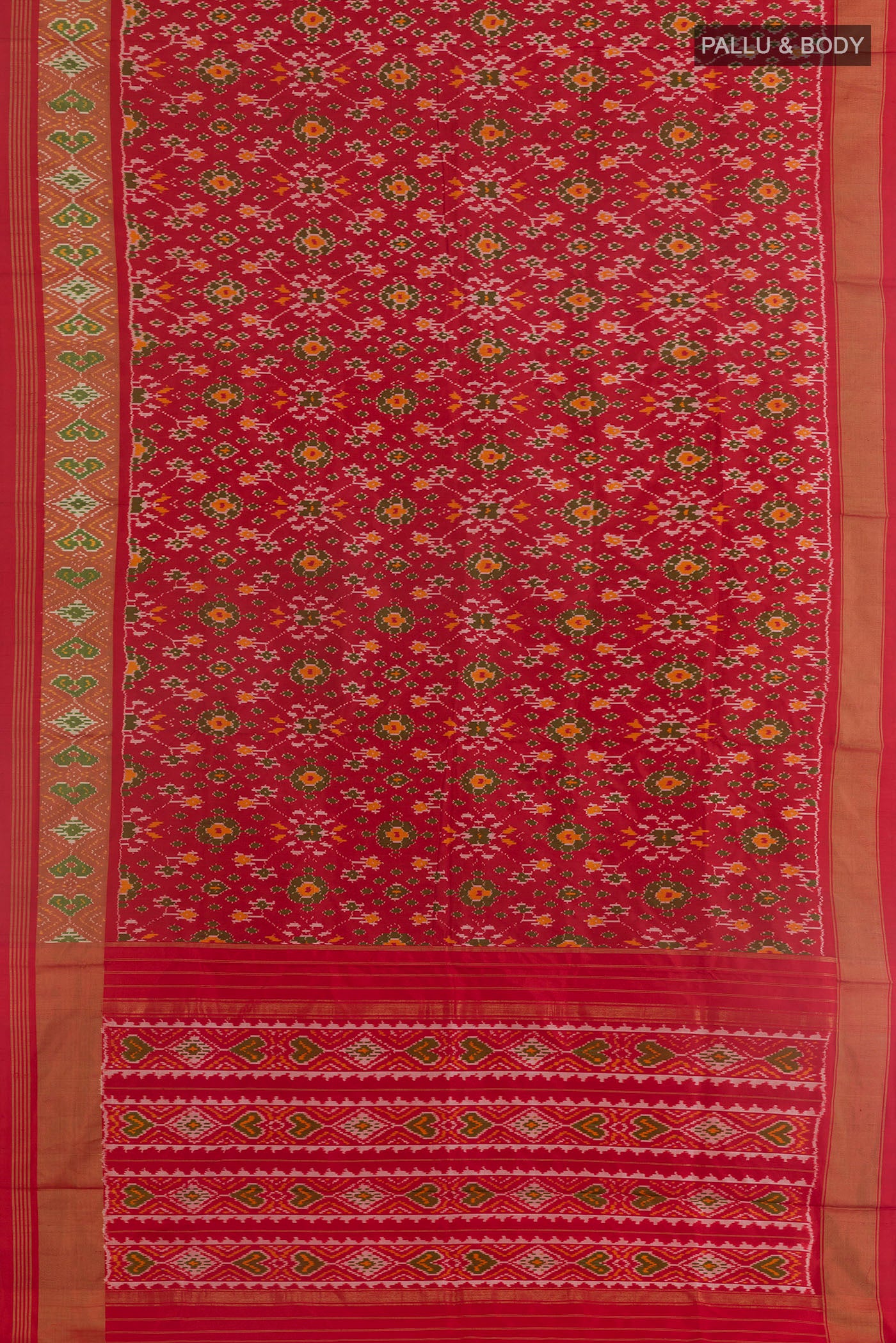 Flat view of Red Pochampally Silk Saree with Pure Ikat on the body and Zari Border. 