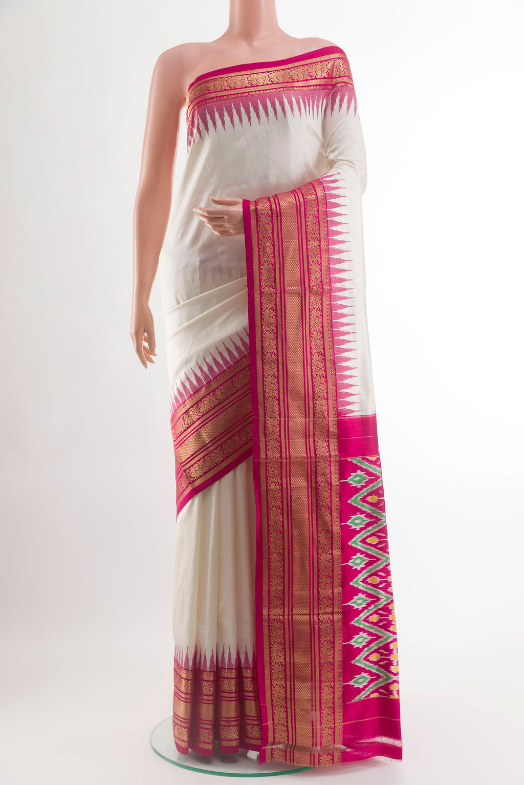 Off White Pochampally Silk Saree with Plain Body and Zari Border.  displayed on a mannequin