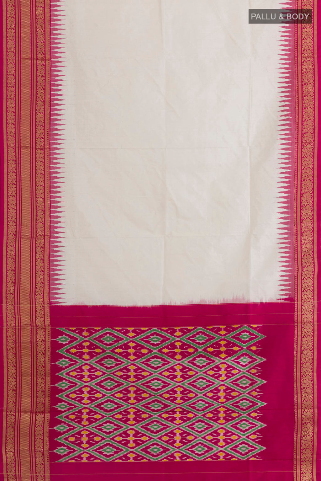 Flat view of Off White Pochampally Silk Saree with Plain Body and Zari Border. 