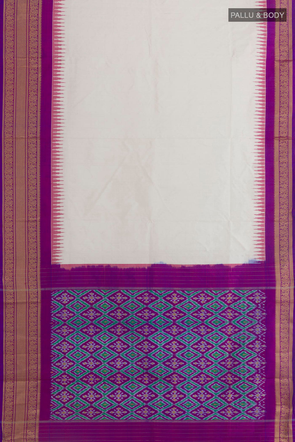Flat view of Off White Pochampally Silk Saree with Plain Body and Zari Border. 