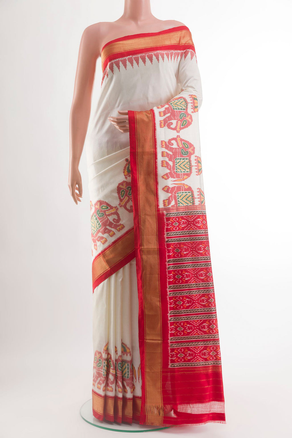 Off White Pochampally Silk Saree with Plain Body and Zari Border.  displayed on a mannequin