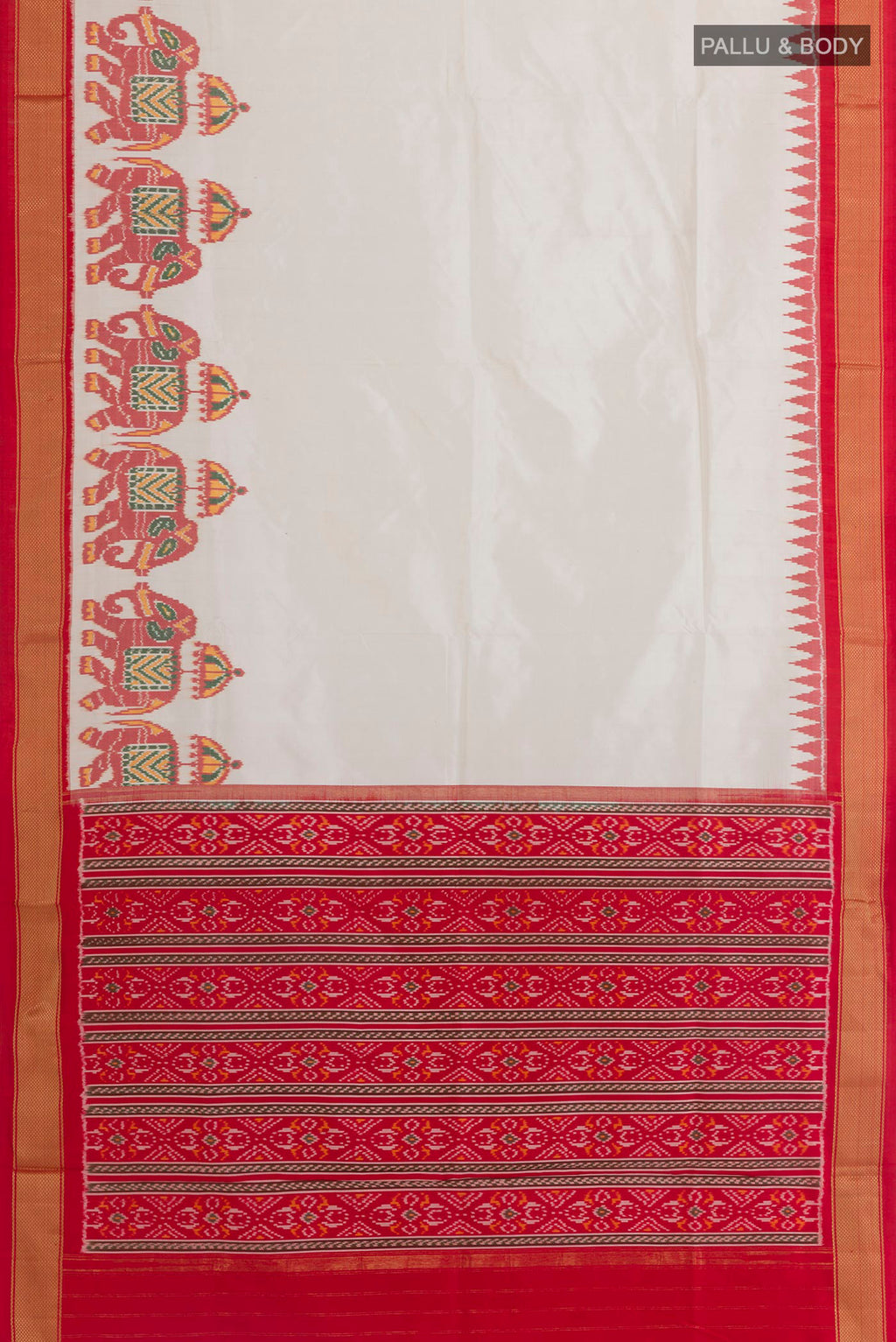 Flat view of Off White Pochampally Silk Saree with Plain Body and Zari Border. 