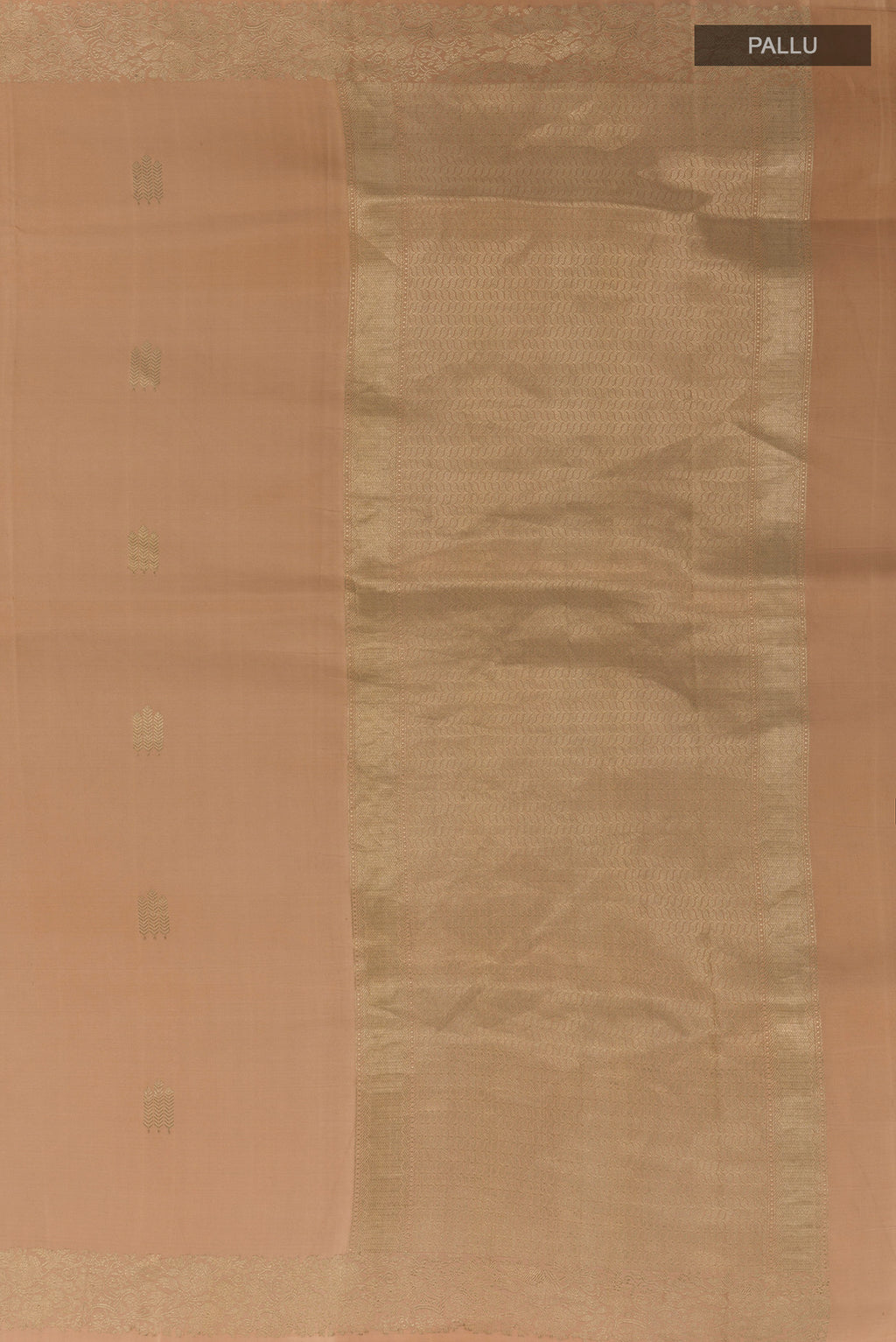 Close up image of the pallu of Pure Silk Sandal Banarasi Silk Saree with Zari Butta on the body and Zari Border. 