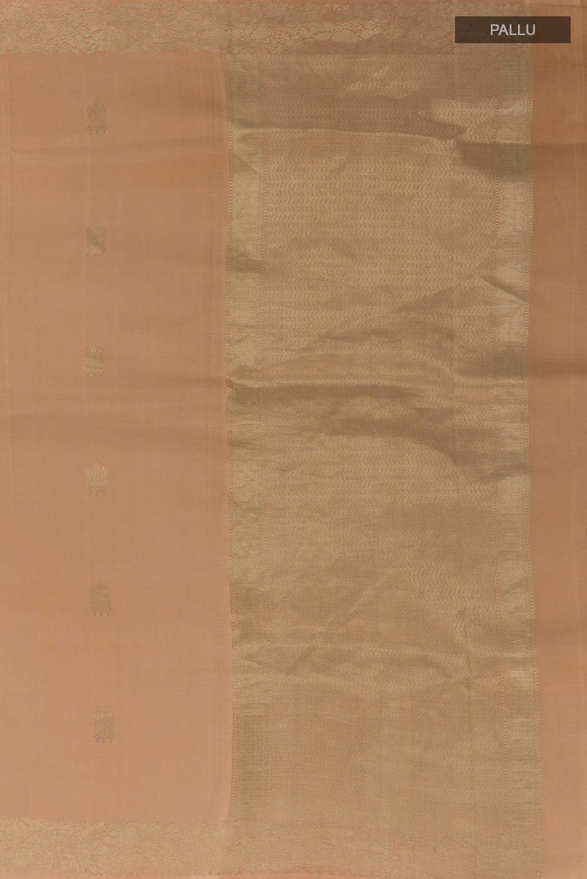 Close up image of the pallu of Pure Silk Sandal Banarasi Silk Saree with Zari Butta on the body and Zari Border. 