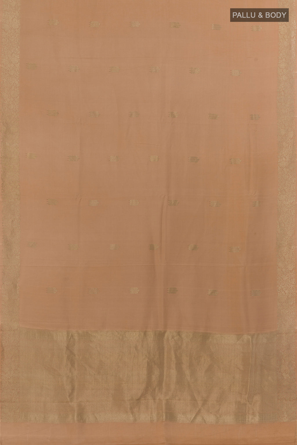 Flat view of Pure Silk Sandal Banarasi Silk Saree with Zari Butta on the body and Zari Border. 