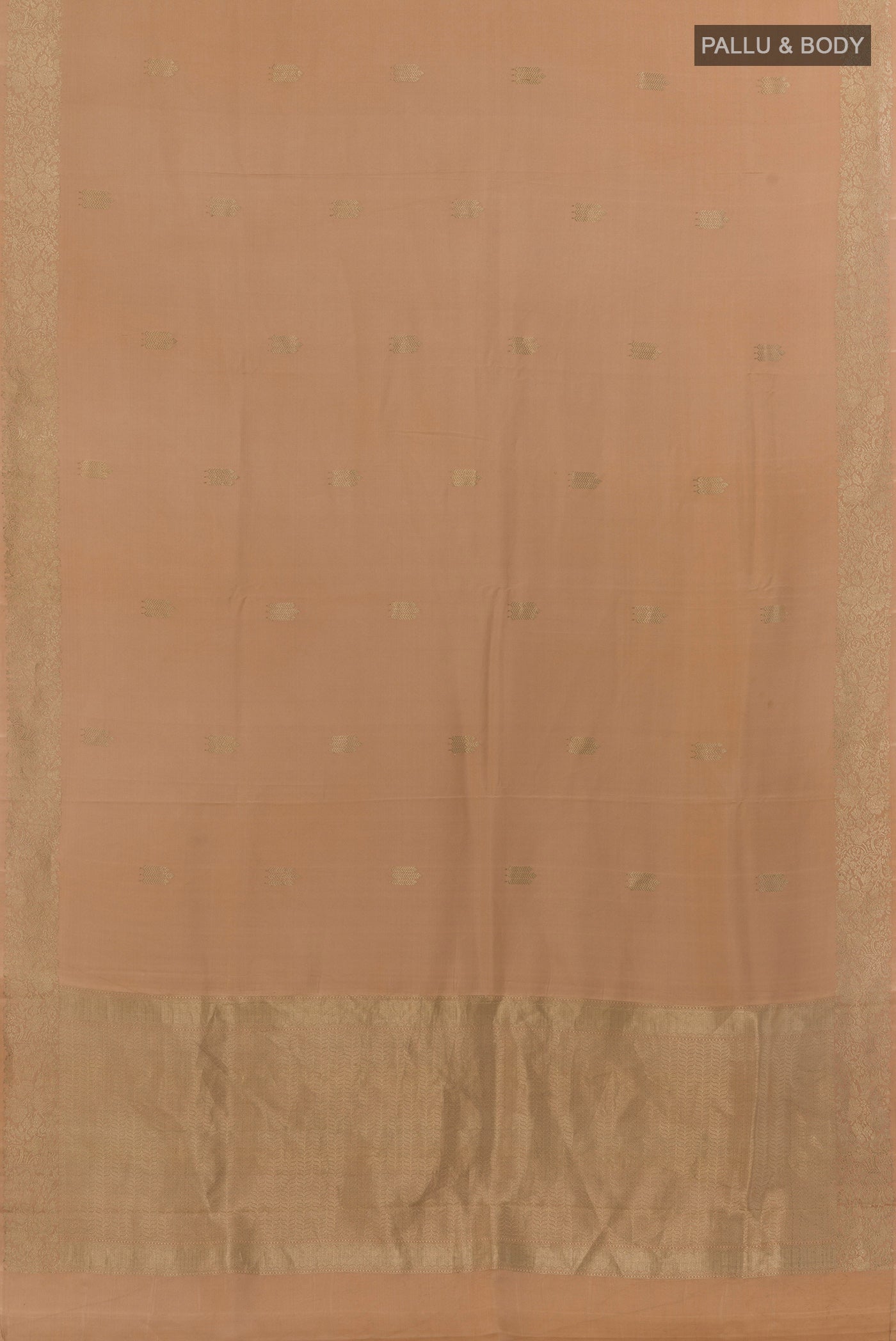 Flat view of Pure Silk Sandal Banarasi Silk Saree with Zari Butta on the body and Zari Border. 