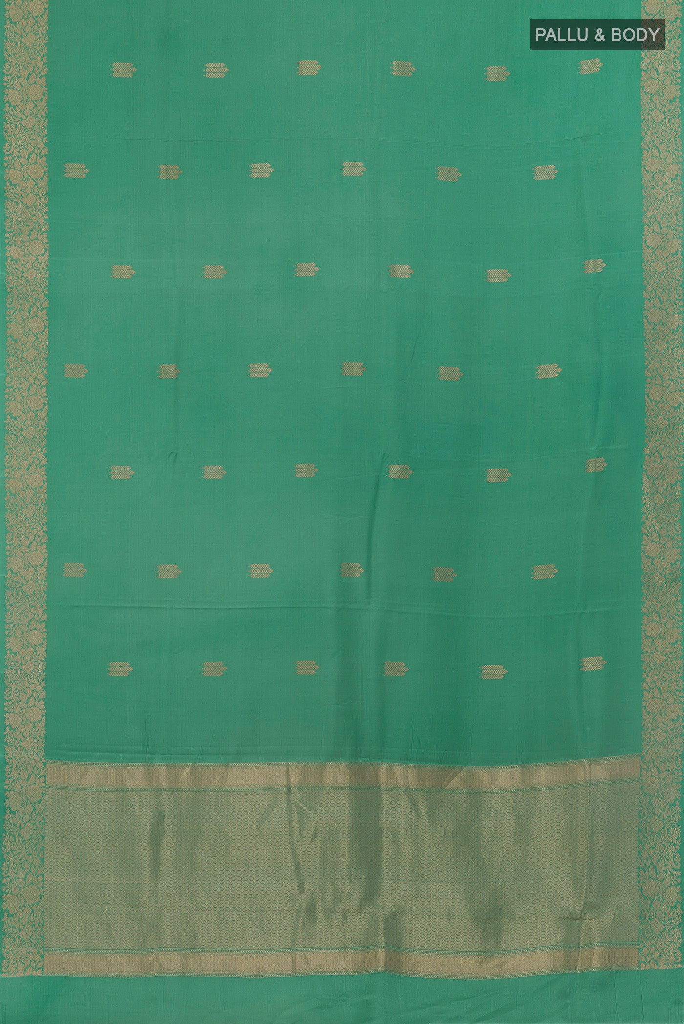 Flat view of Sea Green Banarasi Silk Saree with Zari Butta on the body and Zari Border. 