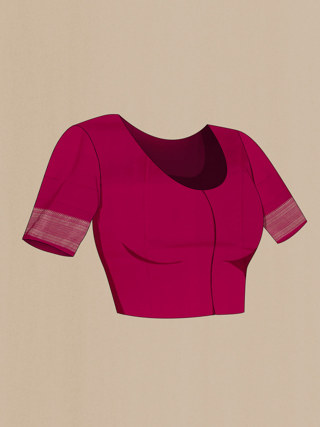 Close up image of the blouse of Rani Pink Banarasi Silk Saree with Stripes on the body and Zari Border. 