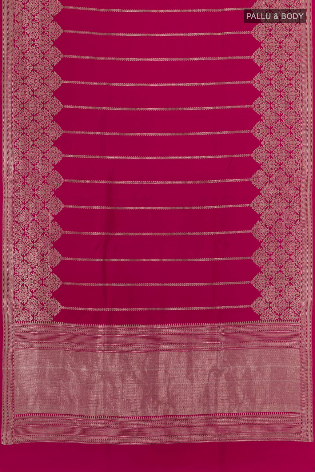 Flat view of Rani Pink Banarasi Silk Saree with Stripes on the body and Zari Border. 