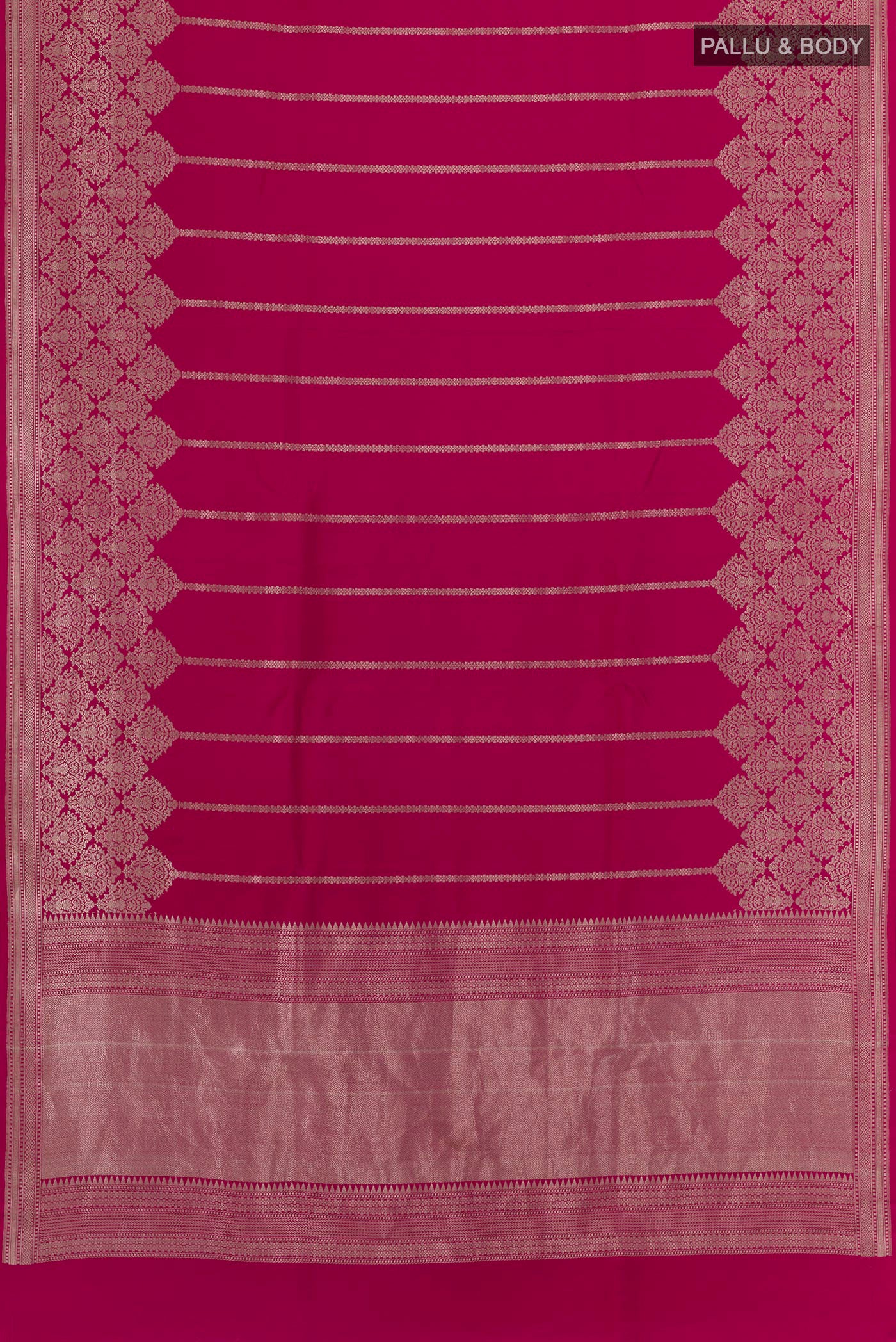 Flat view of Rani Pink Banarasi Silk Saree with Stripes on the body and Zari Border. 