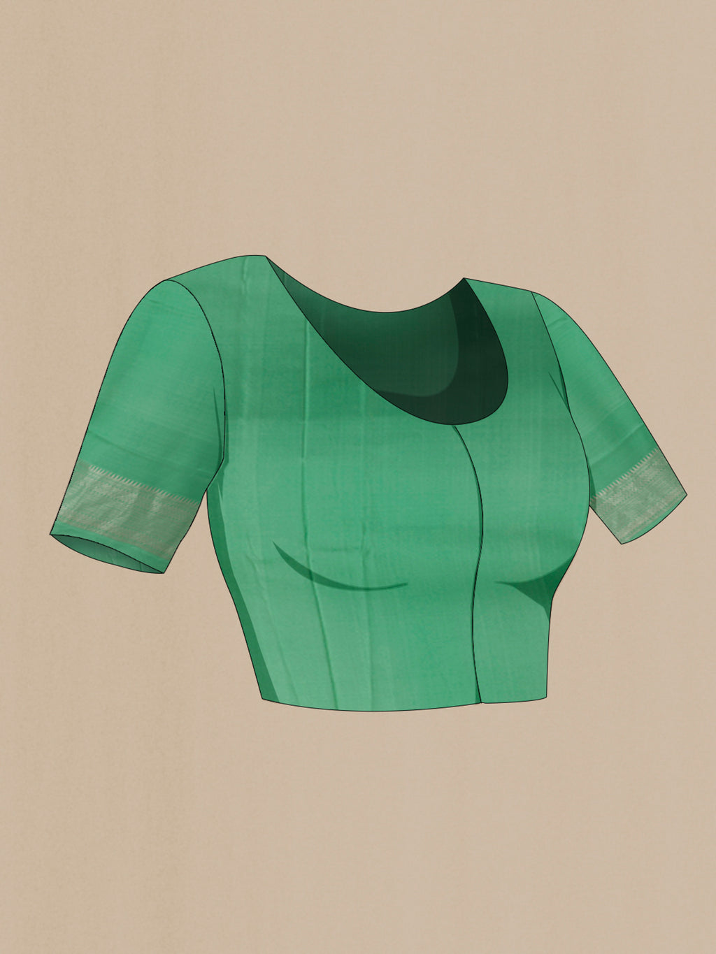 Close up image of the blouse of Sea Green Banarasi Silk Saree with Stripes on the body and Zari Border. 