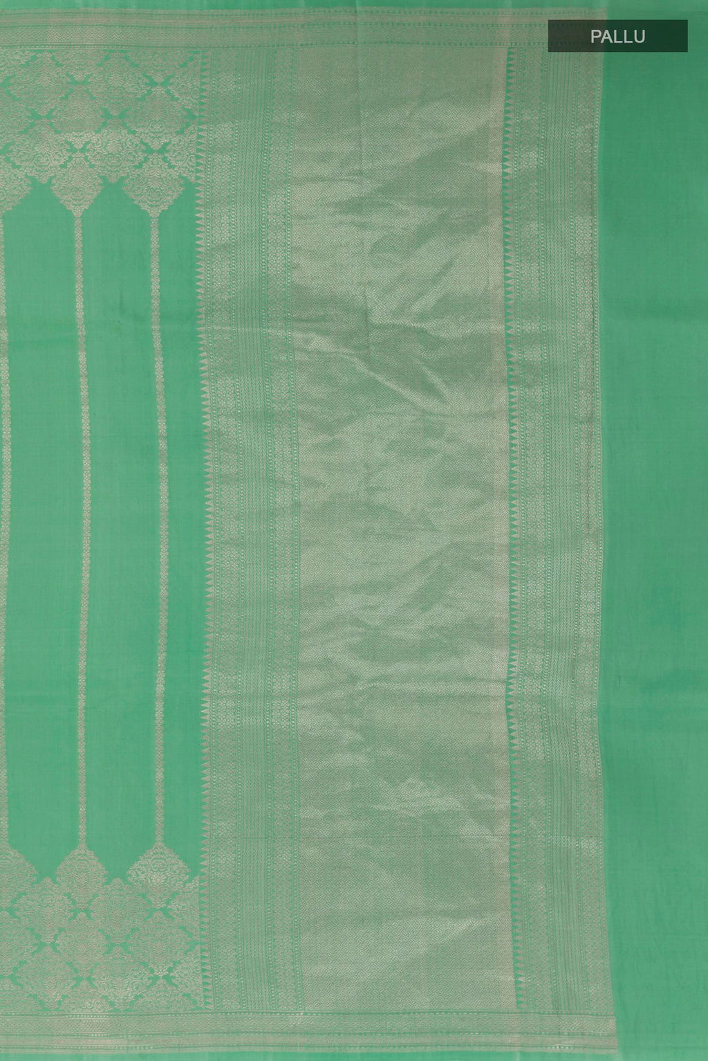 Close up image of the pallu of Sea Green Banarasi Silk Saree with Stripes on the body and Zari Border. 