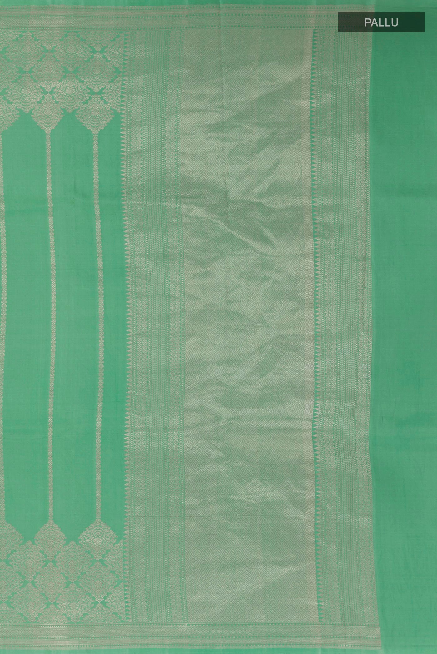 Close up image of the pallu of Sea Green Banarasi Silk Saree with Stripes on the body and Zari Border. 