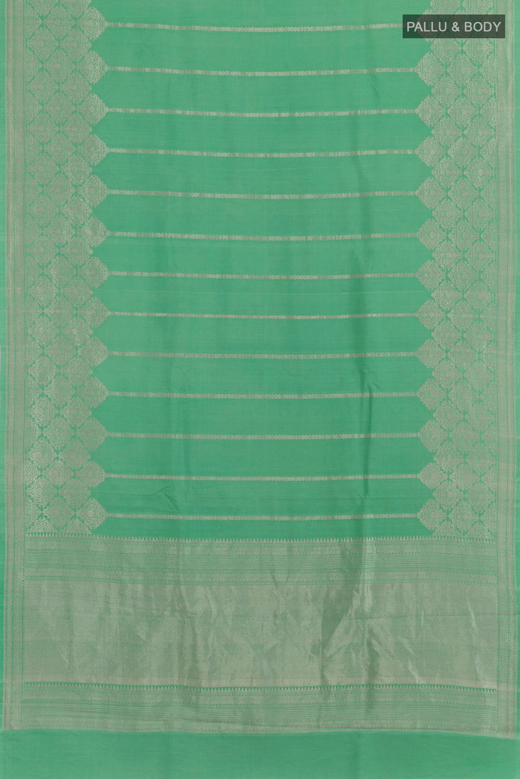 Flat view of Sea Green Banarasi Silk Saree with Stripes on the body and Zari Border. 