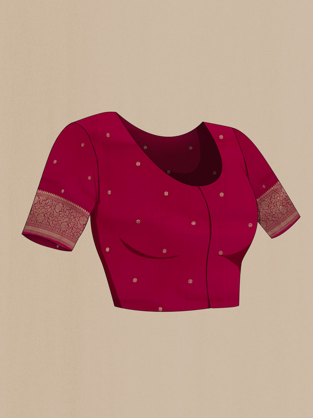 Close up image of the blouse of Maroon Banarasi Kora Silk Saree with Zari Butta on the body and Zari Border. 