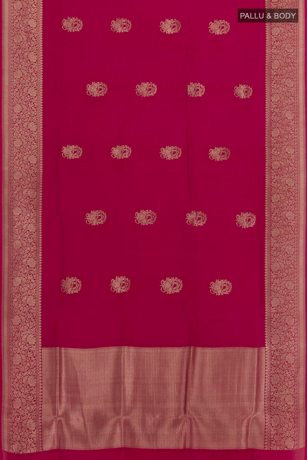 Flat view of Maroon Banarasi Kora Silk Saree with Zari Butta on the body and Zari Border. 