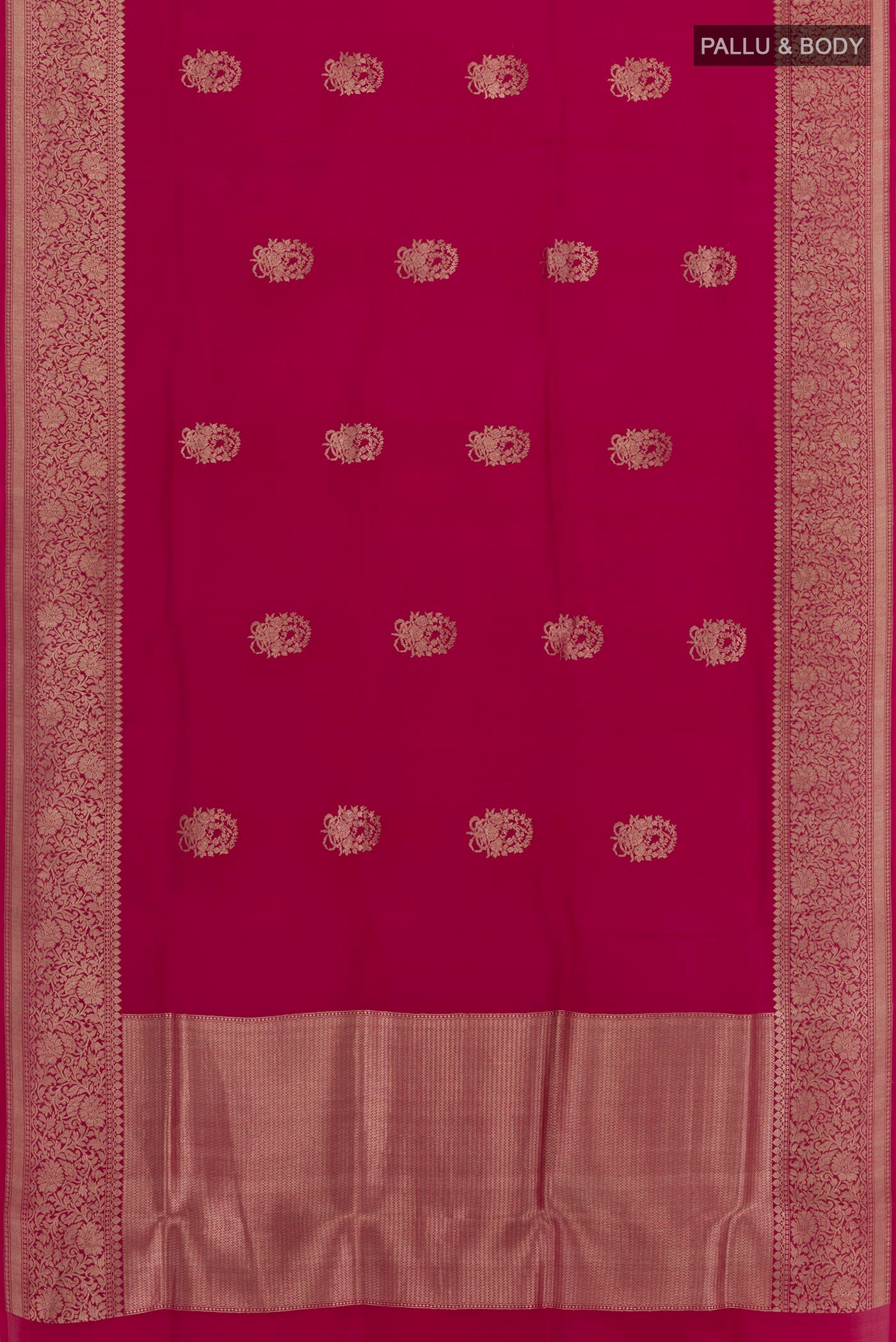Flat view of Maroon Banarasi Kora Silk Saree with Zari Butta on the body and Zari Border. 