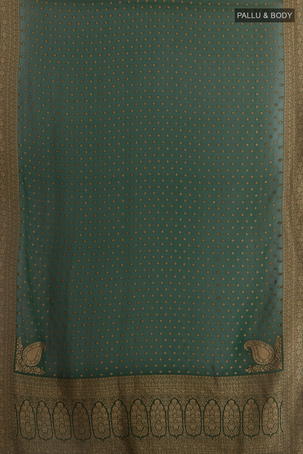 Flat view of Bottle Green Banarasi Georgette Saree with Zari Butta on the body and Zari Border. 
