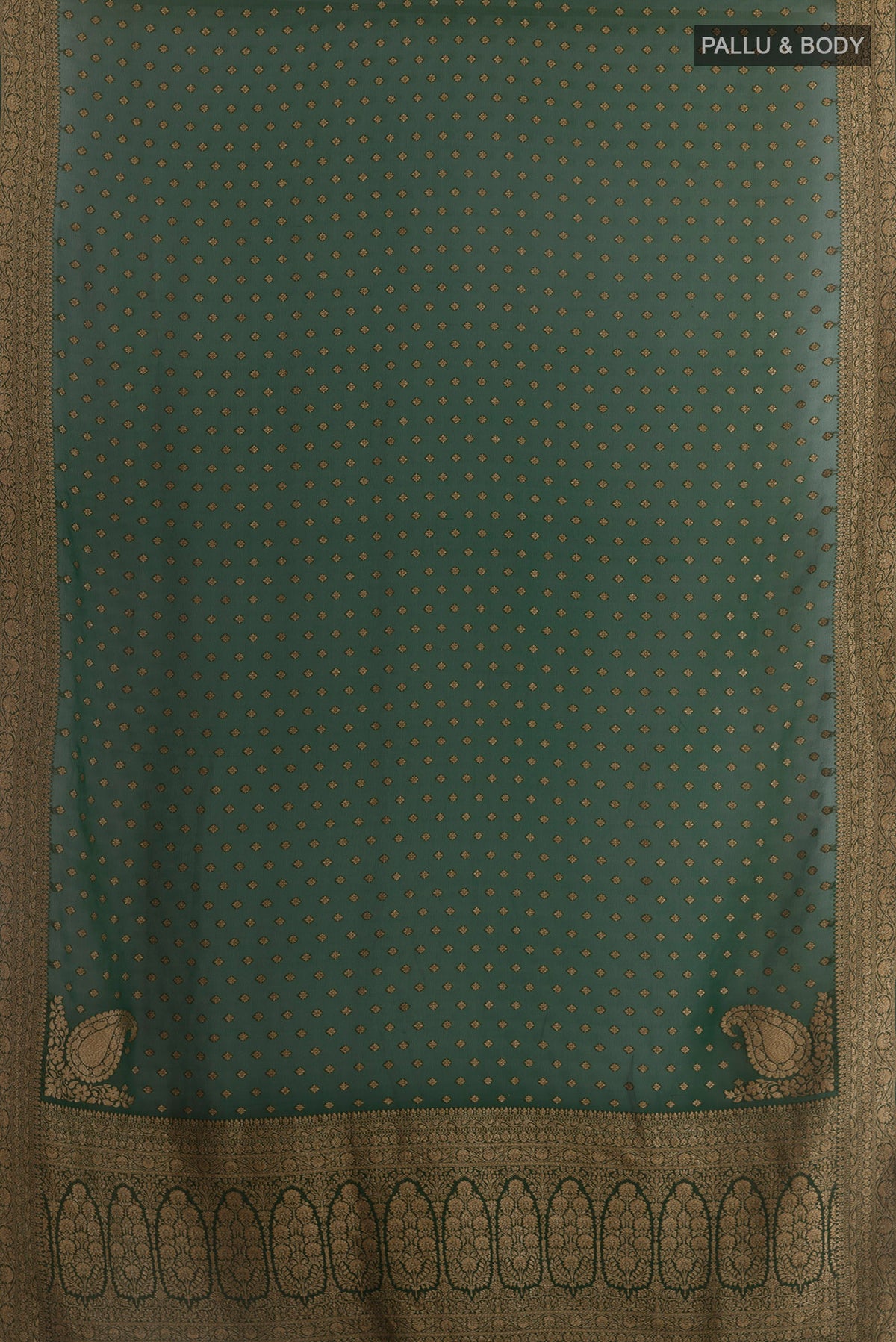 Flat view of Bottle Green Banarasi Georgette Saree with Zari Butta on the body and Zari Border. 