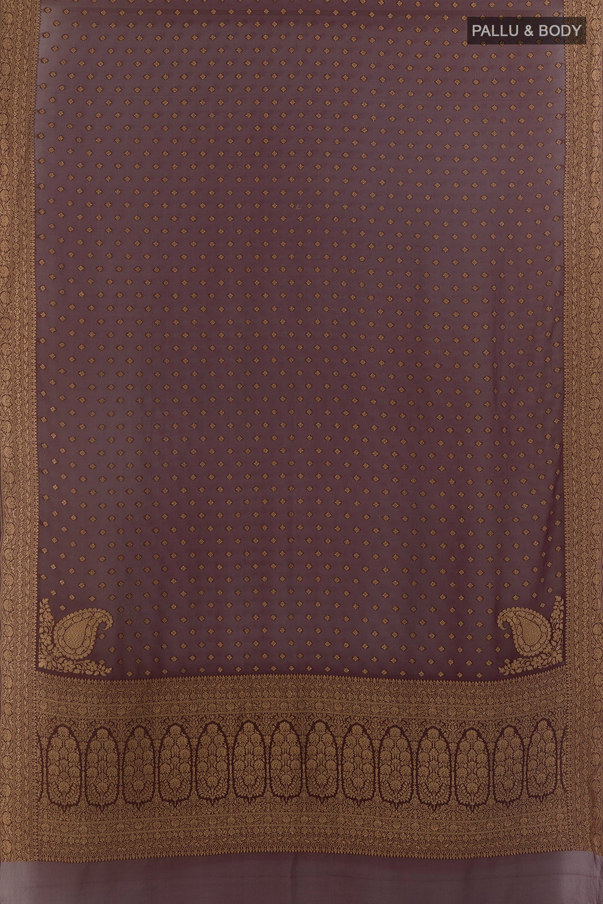 Flat view of Brown Banarasi Georgette Saree with Zari Butta on the body and Zari Border. 