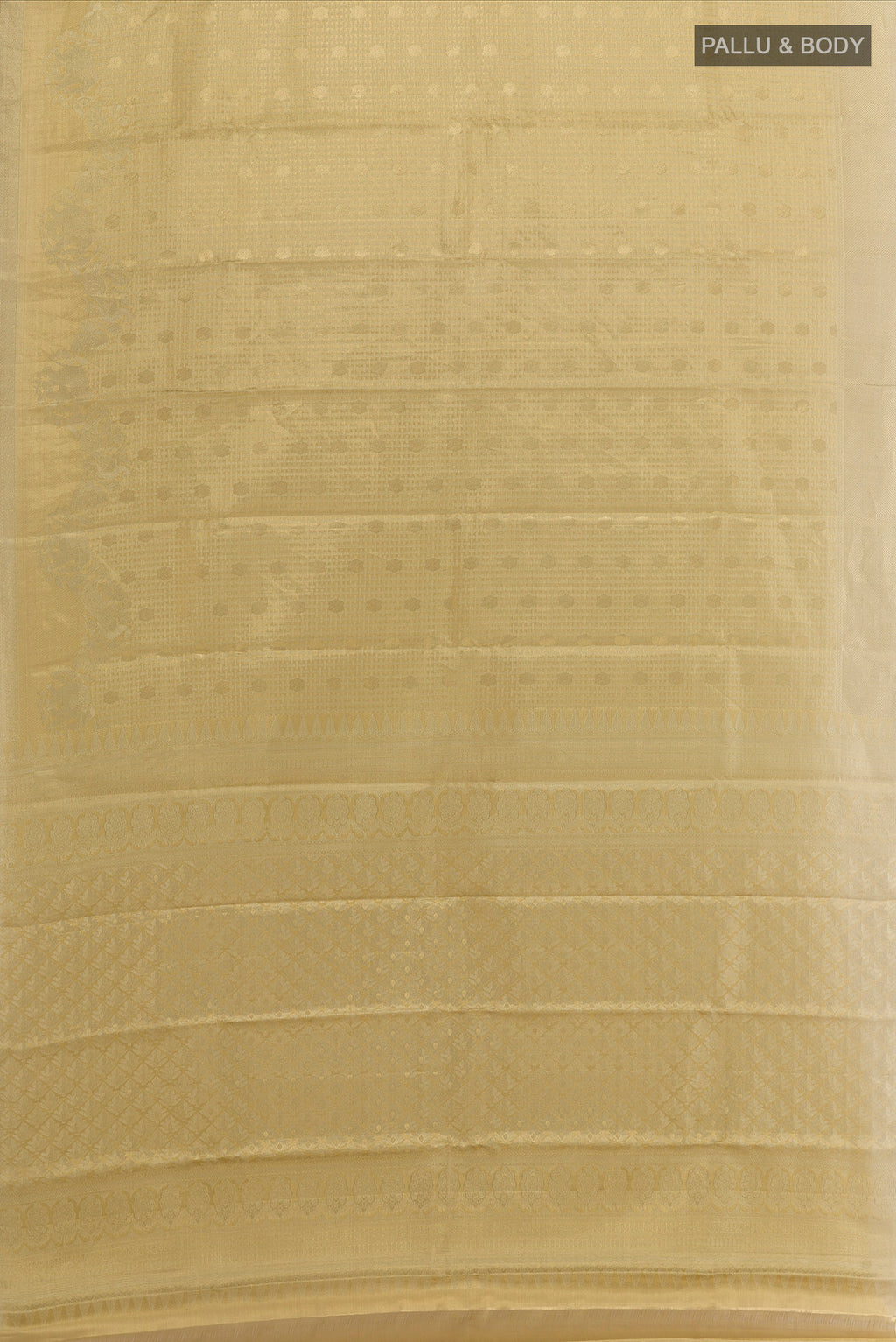 Flat view of Golden Kanjivaram Tissue Silk Saree with Zari Brocade on the body and Zari Border. 