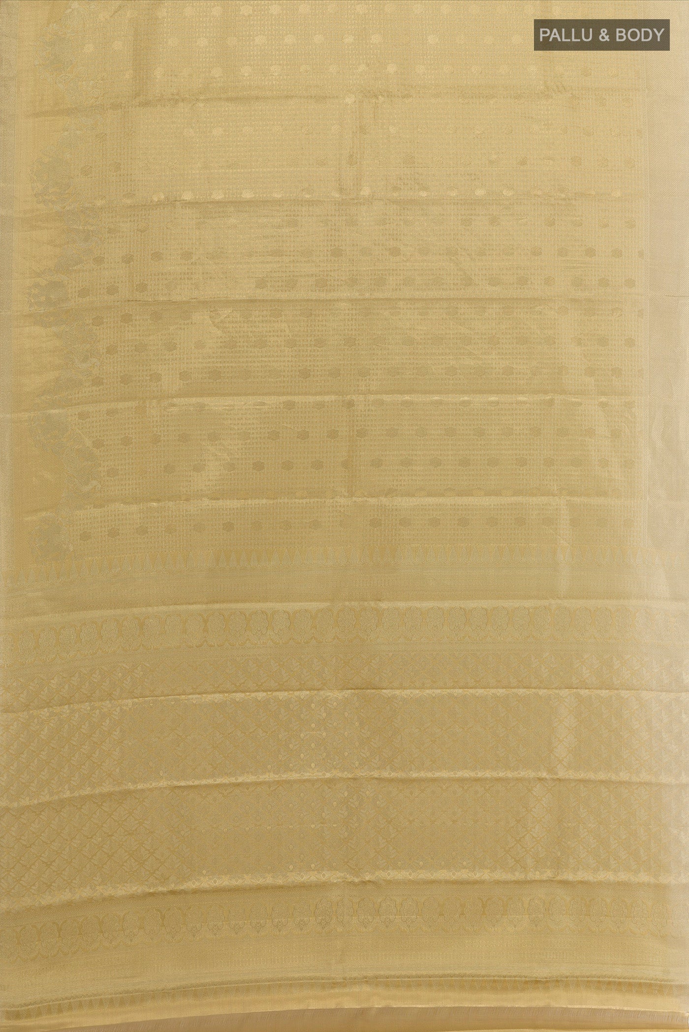 Flat view of Golden Kanjivaram Tissue Silk Saree with Zari Brocade on the body and Zari Border. 