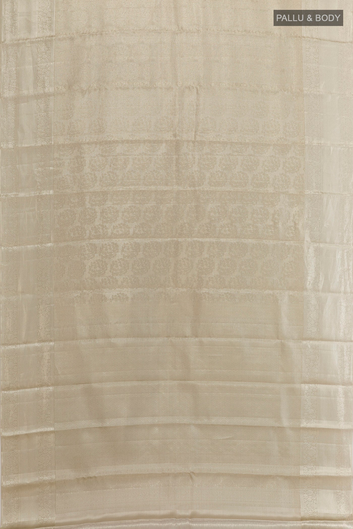 Flat view of Silver Dual Tone Kanjivaram Tissue Silk Saree with Zari Brocade on the body and Zari Border. 