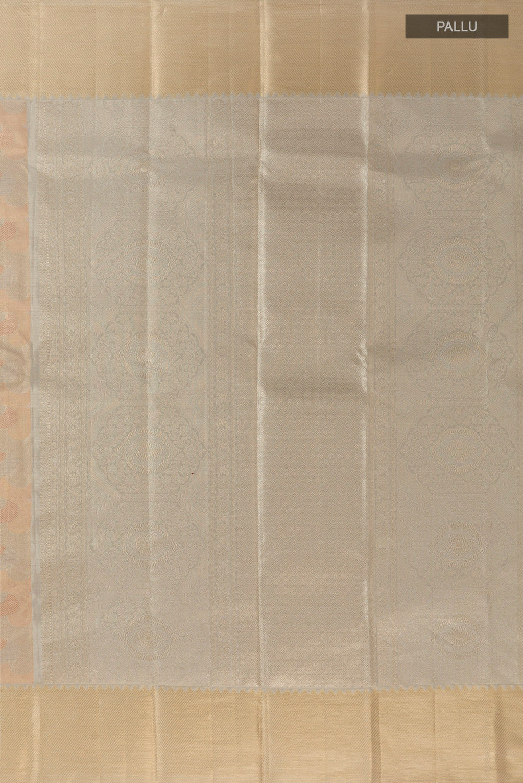 Close up image of the pallu of Multi Color Kanjivaram Tissue Silk Saree with Zari Brocade on the body and Zari Border. 