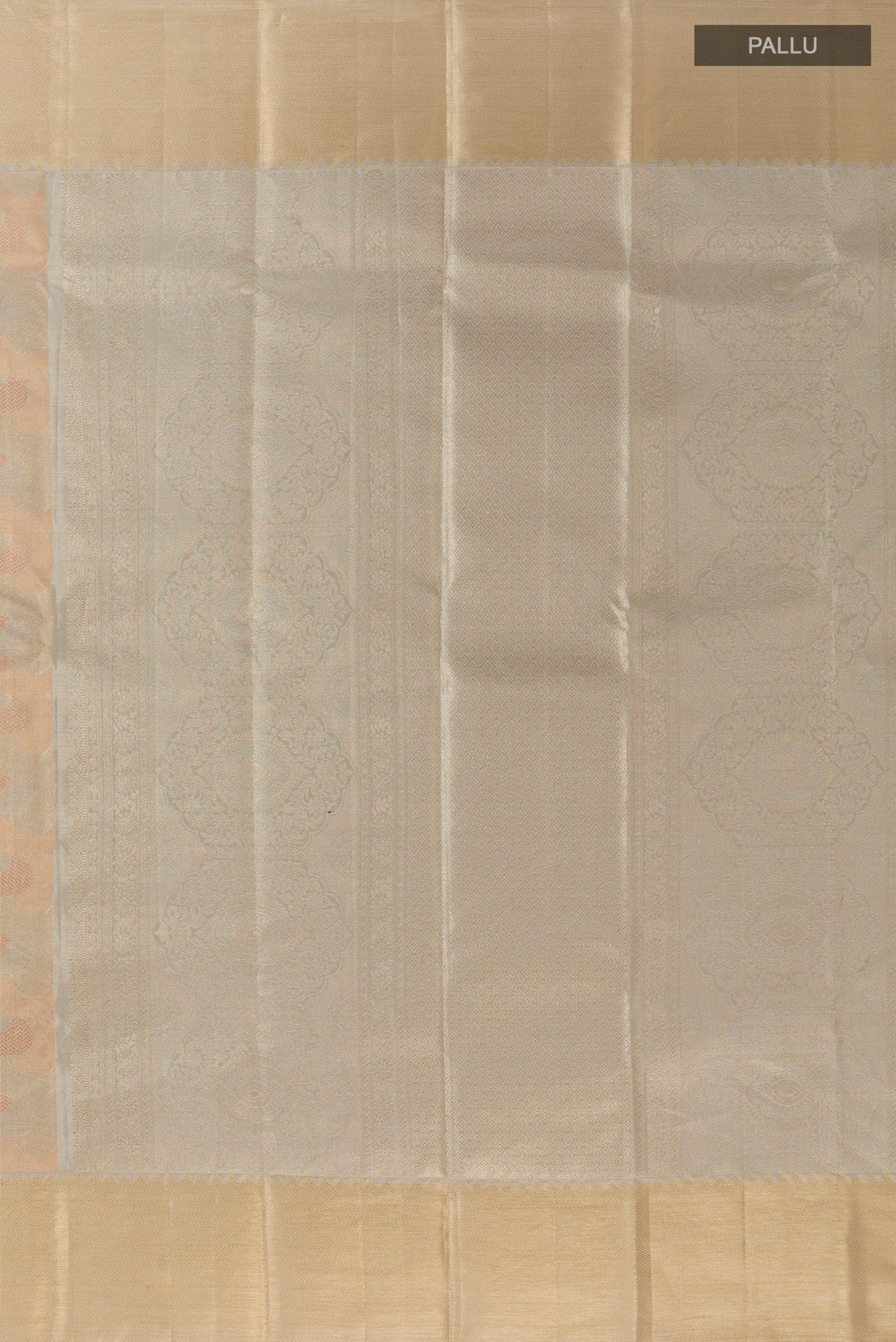 Close up image of the pallu of Multi Color Kanjivaram Tissue Silk Saree with Zari Brocade on the body and Zari Border. 