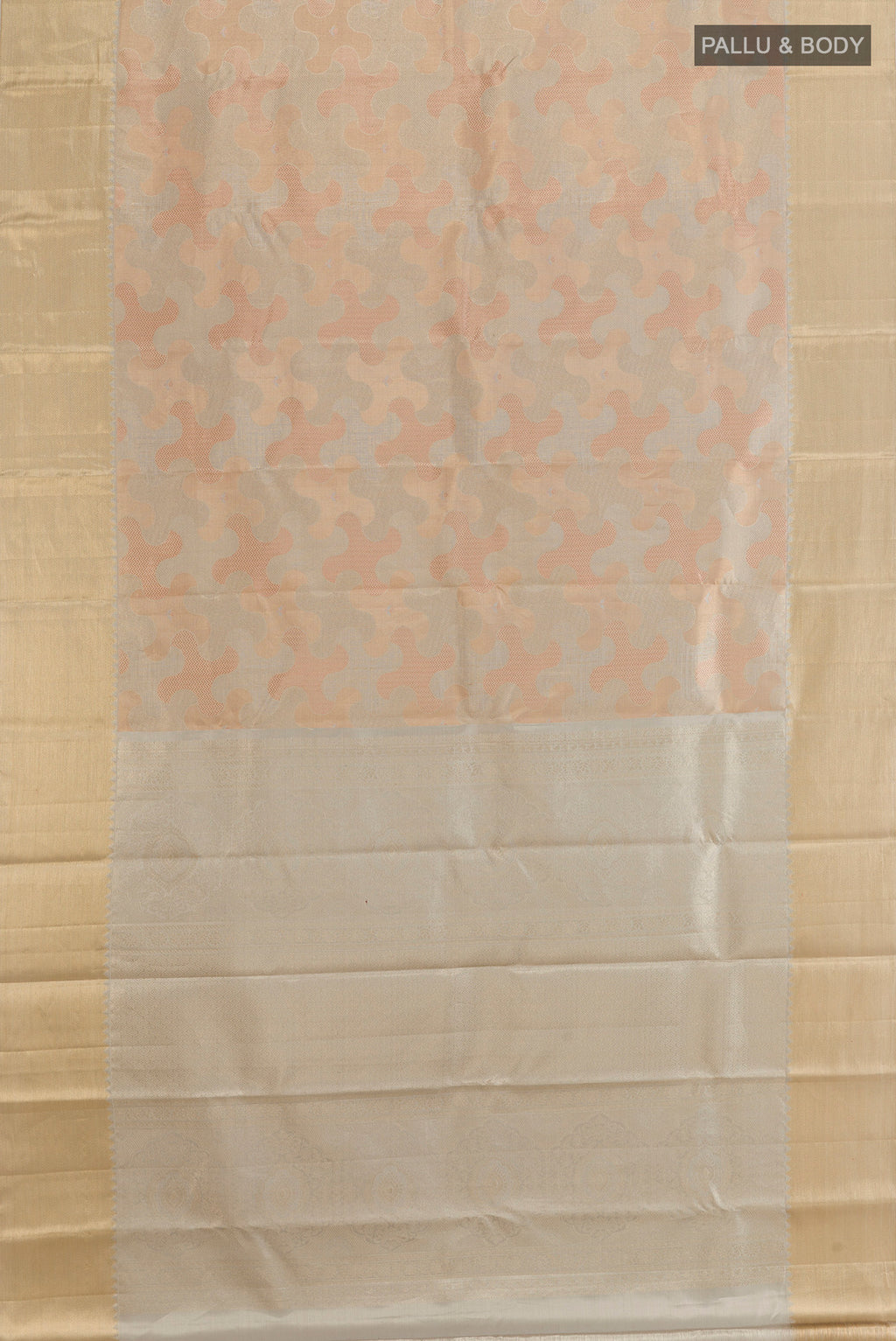 Flat view of Multi Color Kanjivaram Tissue Silk Saree with Zari Brocade on the body and Zari Border. 