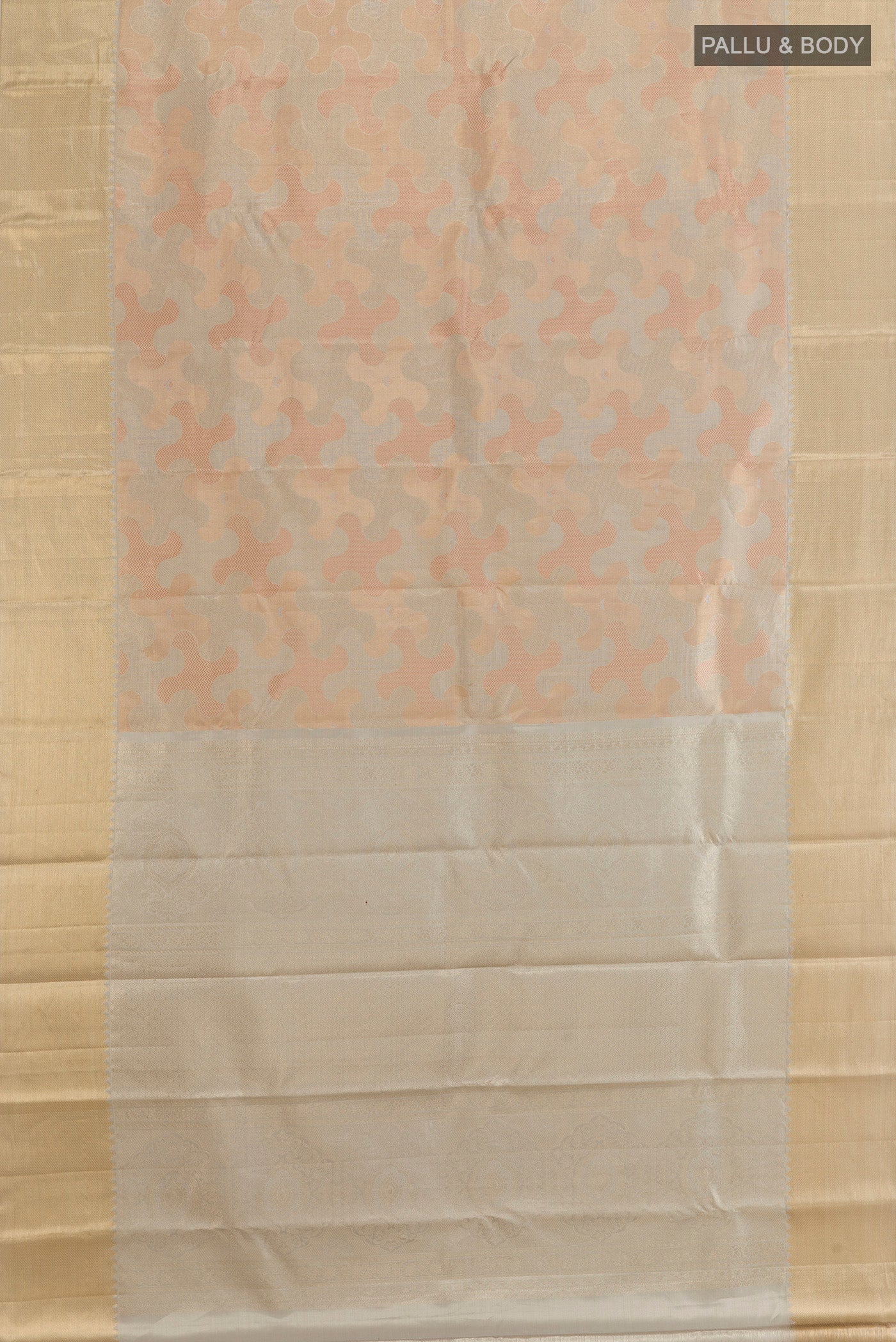 Flat view of Multi Color Kanjivaram Tissue Silk Saree with Zari Brocade on the body and Zari Border. 