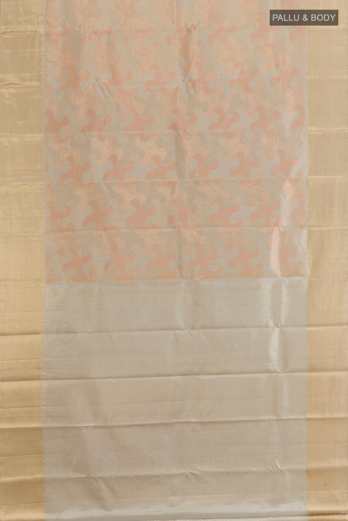 Flat view of Multi Color Kanjivaram Tissue Silk Saree with Zari Brocade on the body and Zari Border. 