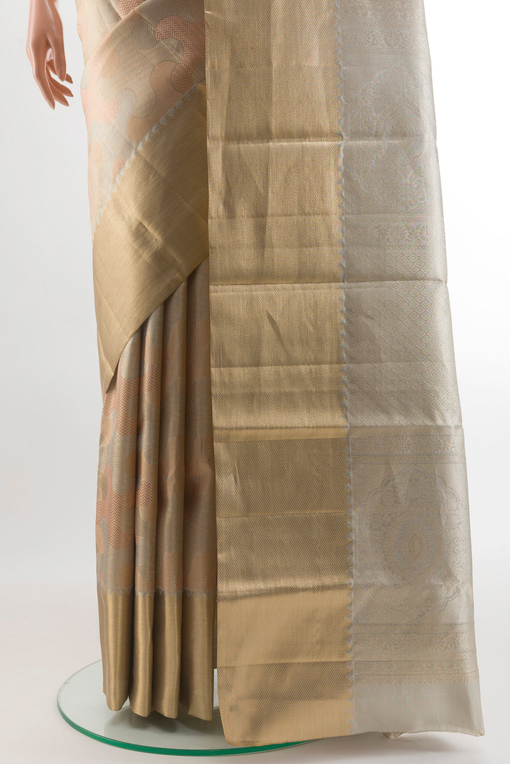 Pleats and pallu of Multi Color Kanjivaram Tissue Silk Saree with Zari Brocade on the body and Zari Border. 