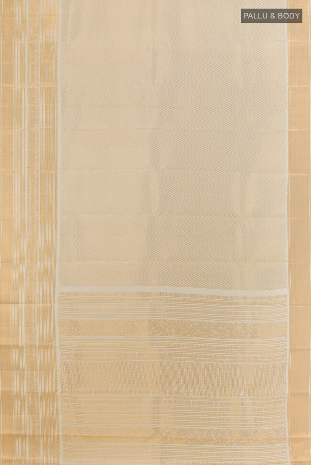 Flat view of Off White Kanchipuram Silk Saree with Zari Brocade on the body and Zari Border. 