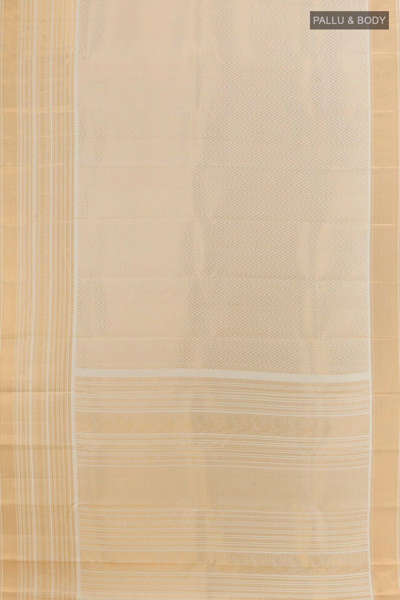 Flat view of Off White Kanchipuram Silk Saree with Zari Brocade on the body and Zari Border. 