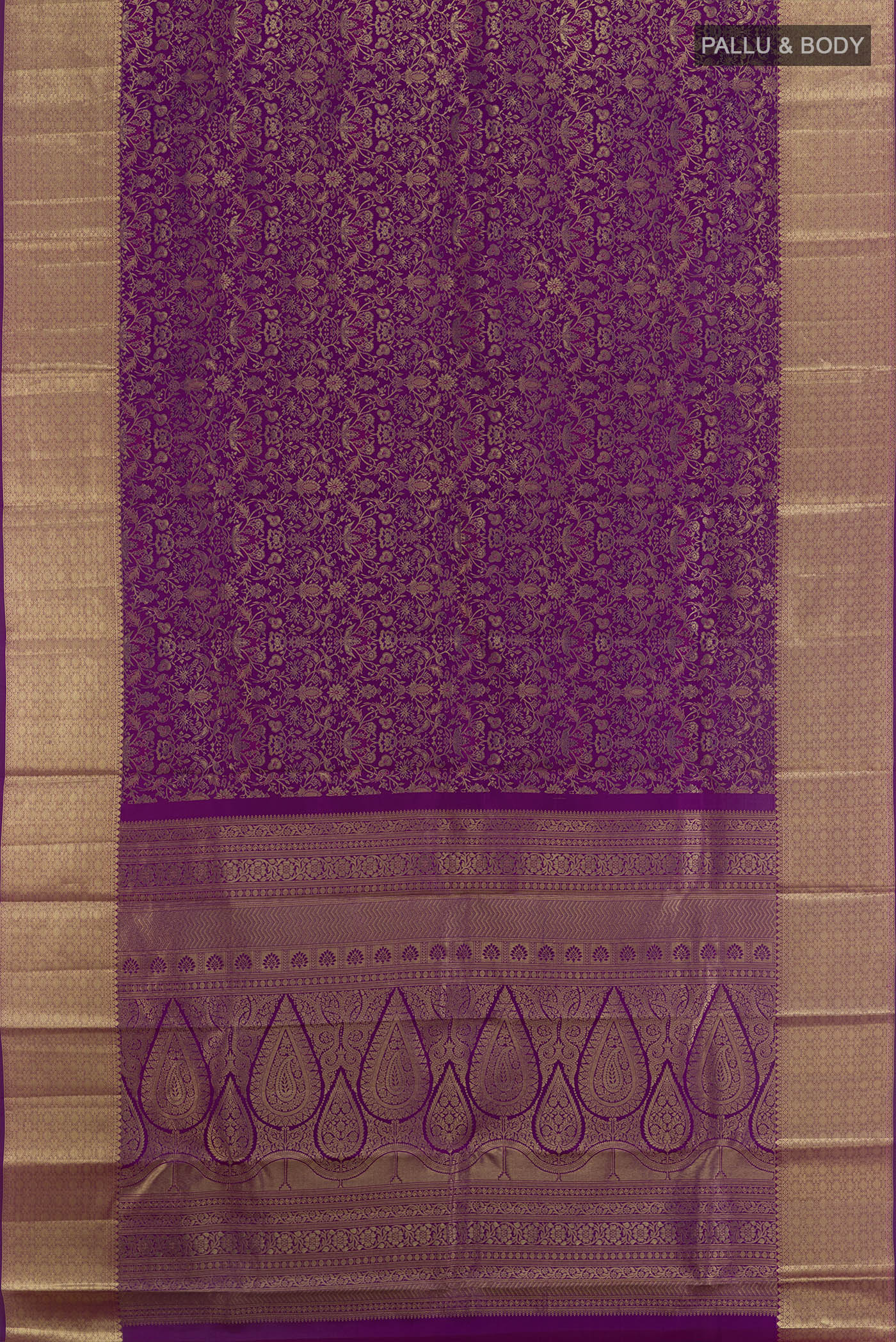 Flat view of Purple Kanchipuram Silk Saree with Zari Brocade on the body and Zari Border. 