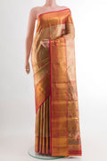 Golden Dual Tone Kanchipuram Tissue Silk Saree with Zari Brocade on the body and Zari Border.  displayed on a mannequin