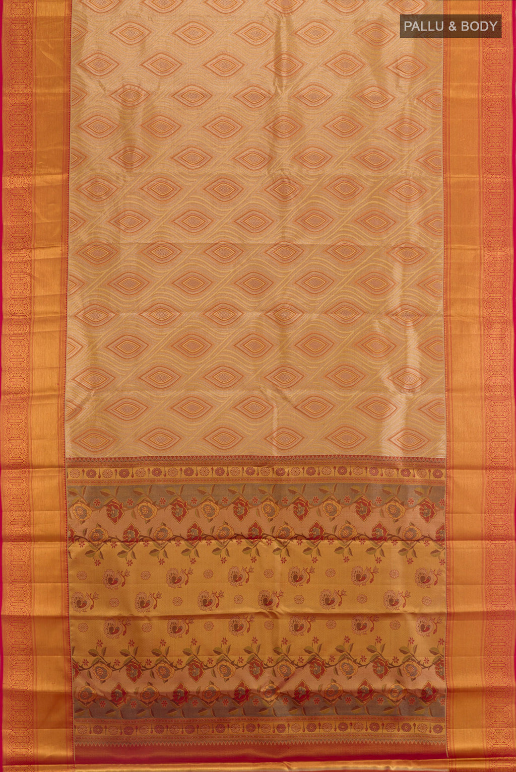 Flat view of Golden Dual Tone Kanchipuram Tissue Silk Saree with Zari Brocade on the body and Zari Border. 