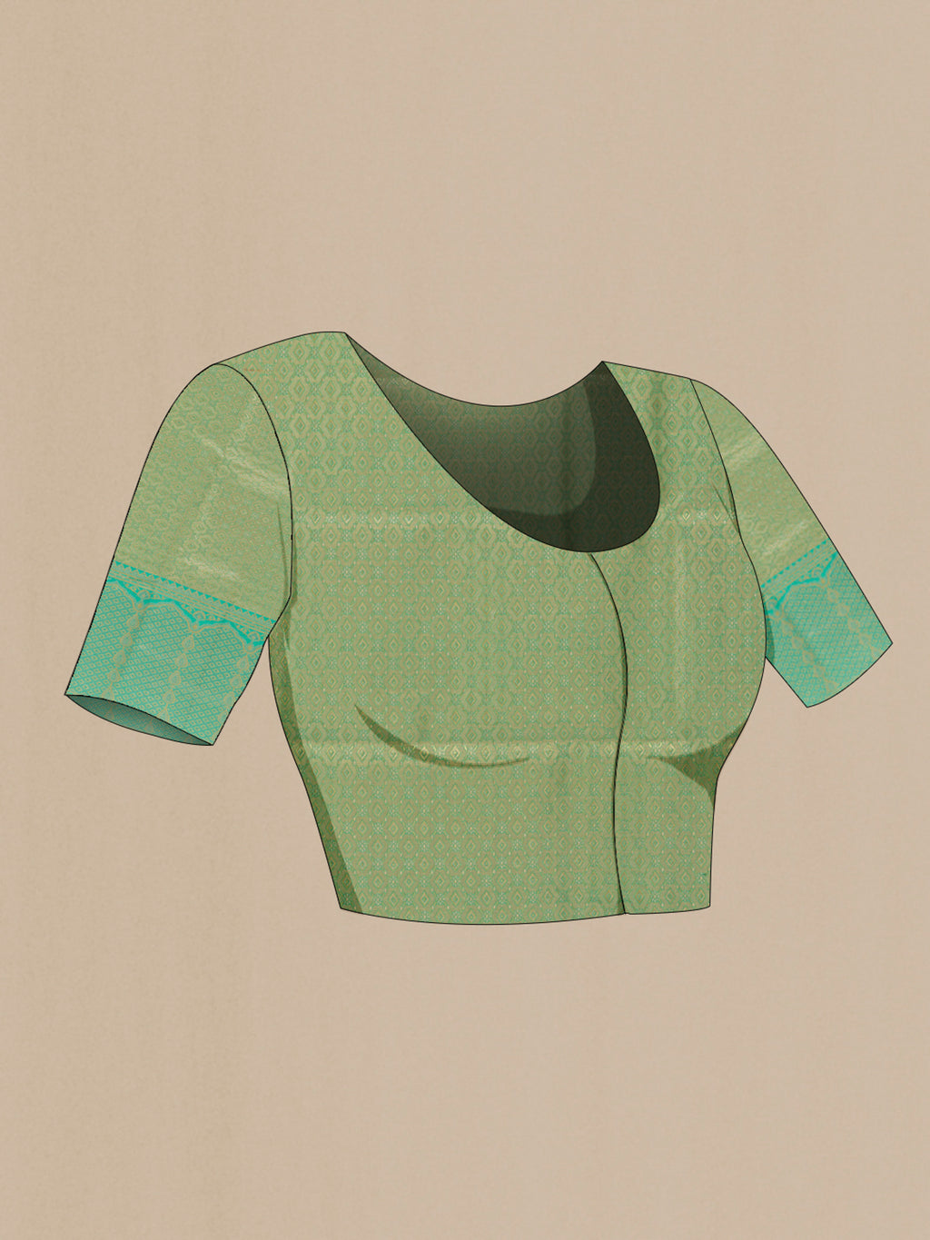 Close up image of the blouse of Green Kanjivaram Tissue Silk Saree with Zari Brocade on the body and Zari Border. 