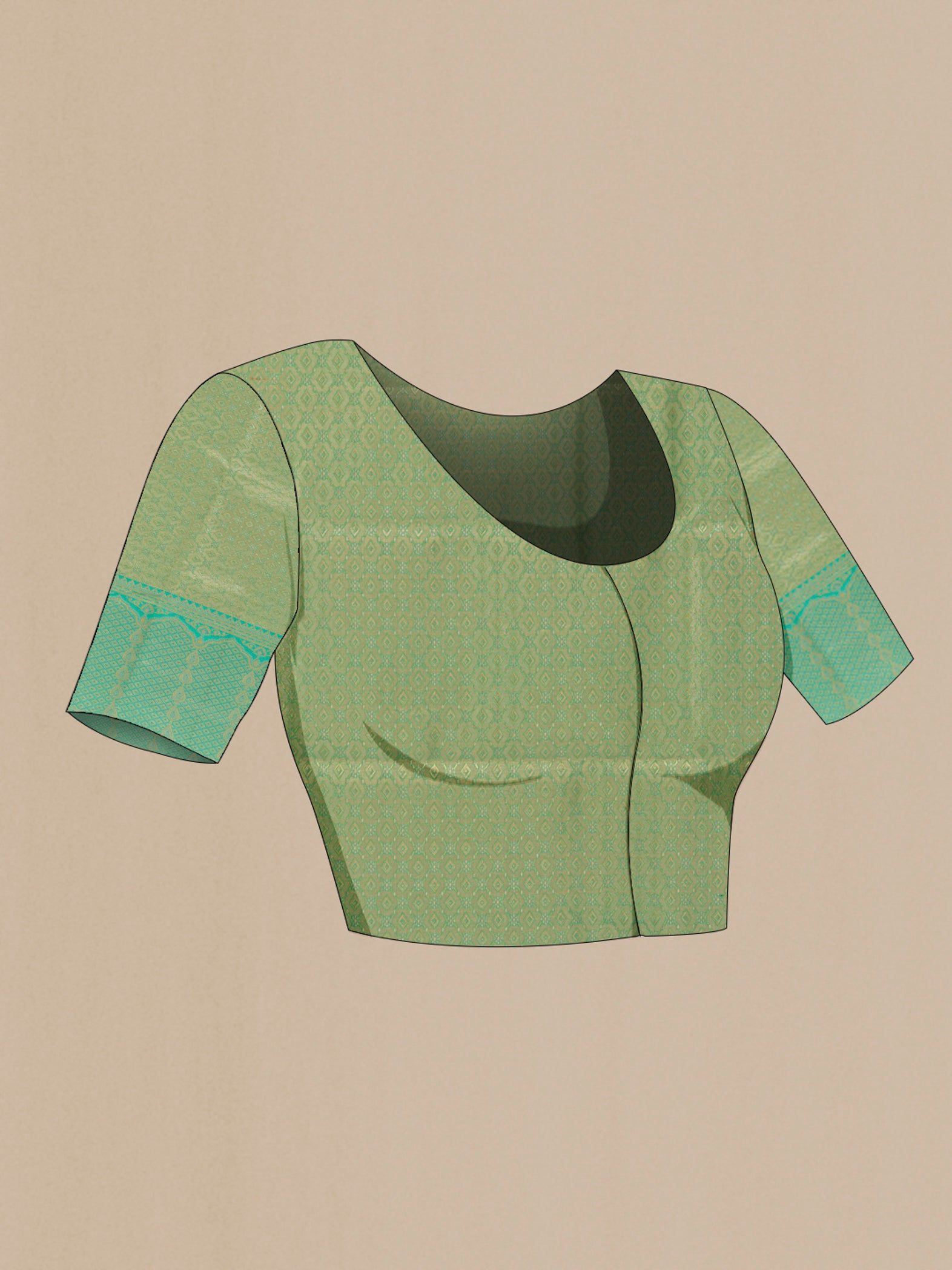 Close up image of the blouse of Green Kanjivaram Tissue Silk Saree with Zari Brocade on the body and Zari Border. 