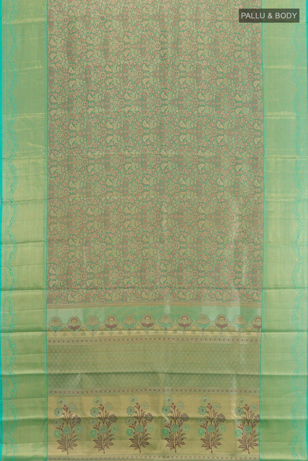 Flat view of Green Kanjivaram Tissue Silk Saree with Zari Brocade on the body and Zari Border. 