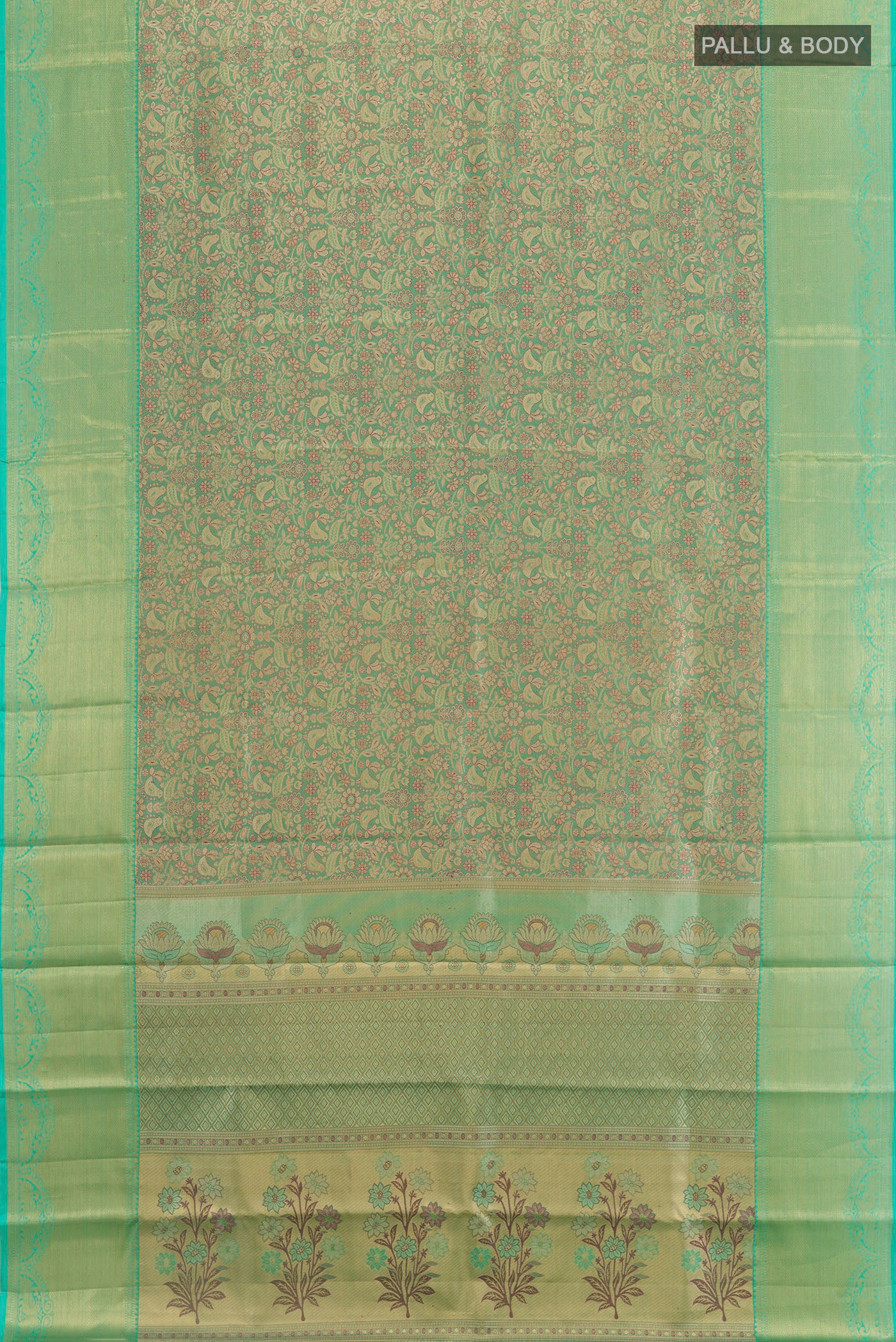 Flat view of Green Kanjivaram Tissue Silk Saree with Zari Brocade on the body and Zari Border. 