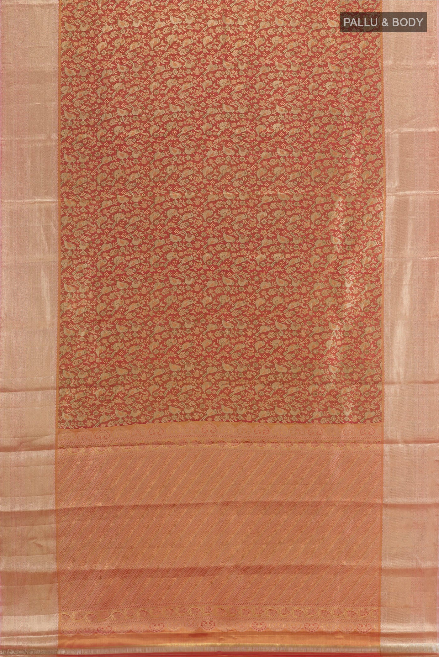 Flat view of Pink Kanjivaram Tissue Silk Saree with Zari Brocade on the body and Zari Border. 